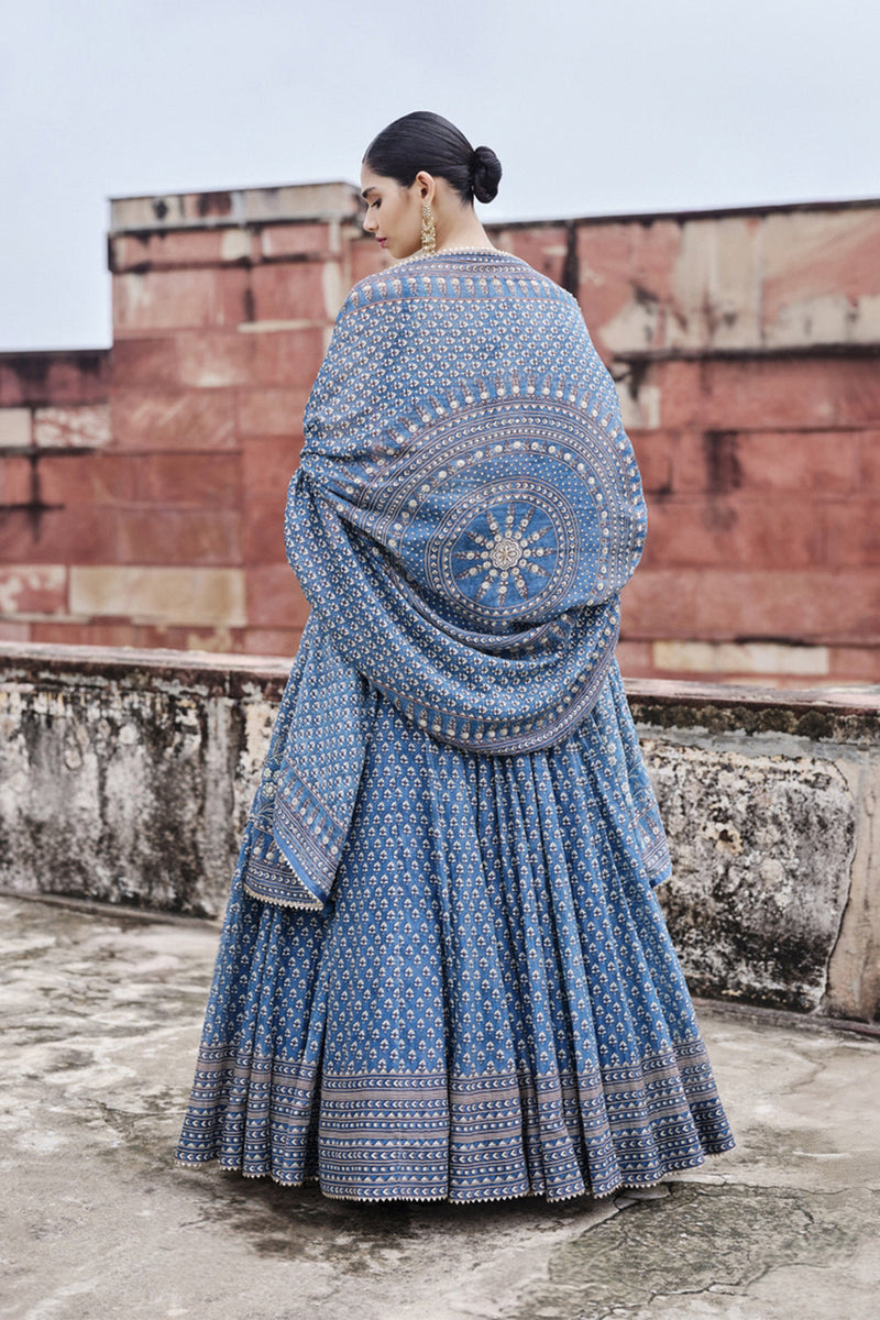 Abjini Printed Mul Lehenga Set - Blue