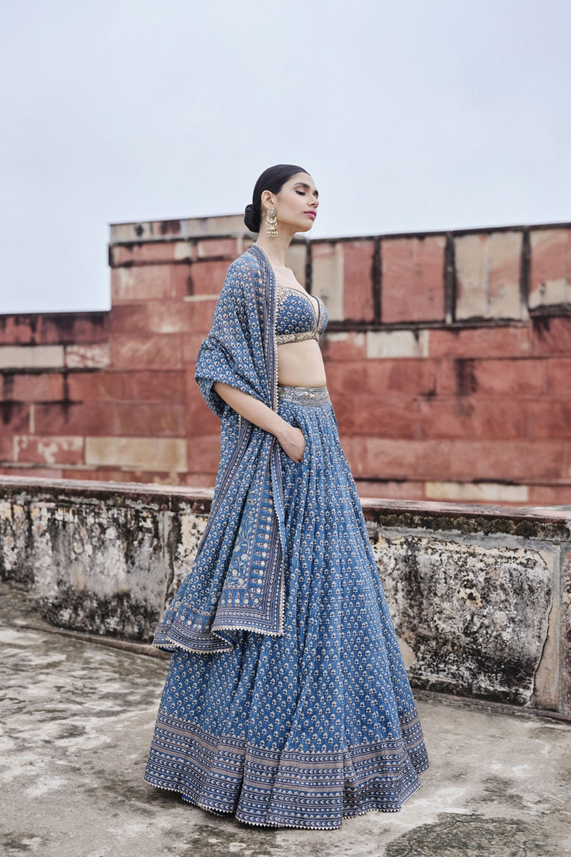 Abjini Printed Mul Lehenga Set - Blue