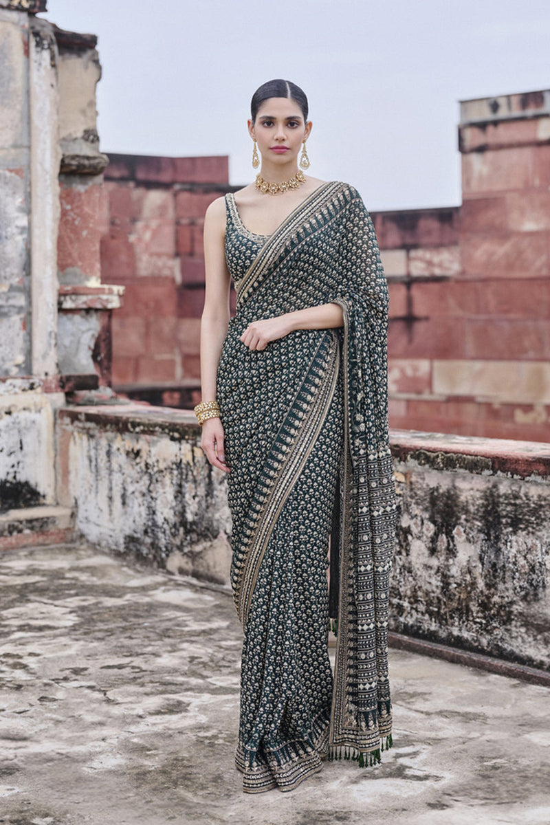 Abjini Printed Georgette Saree - Green