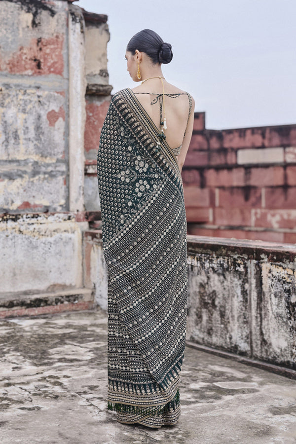 Abjini Printed Georgette Saree - Green