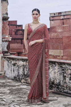 Arvia Printed Georgette Saree - Red