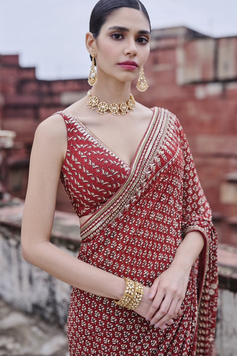 Arvia Printed Georgette Saree - Red