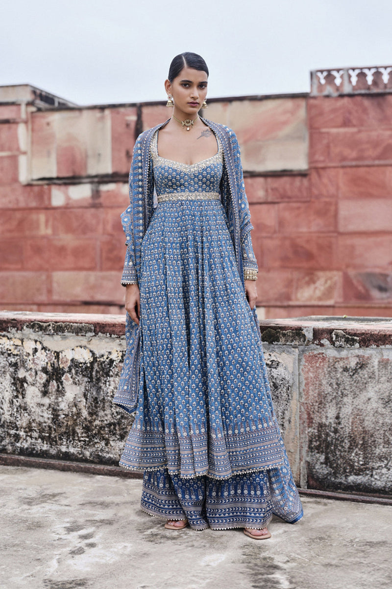 Abjini Printed Mul Anarkali Set - Blue