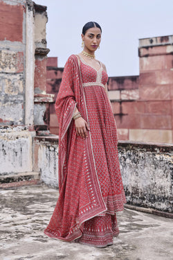 Arvia Printed Mul Anarkali Set - Red