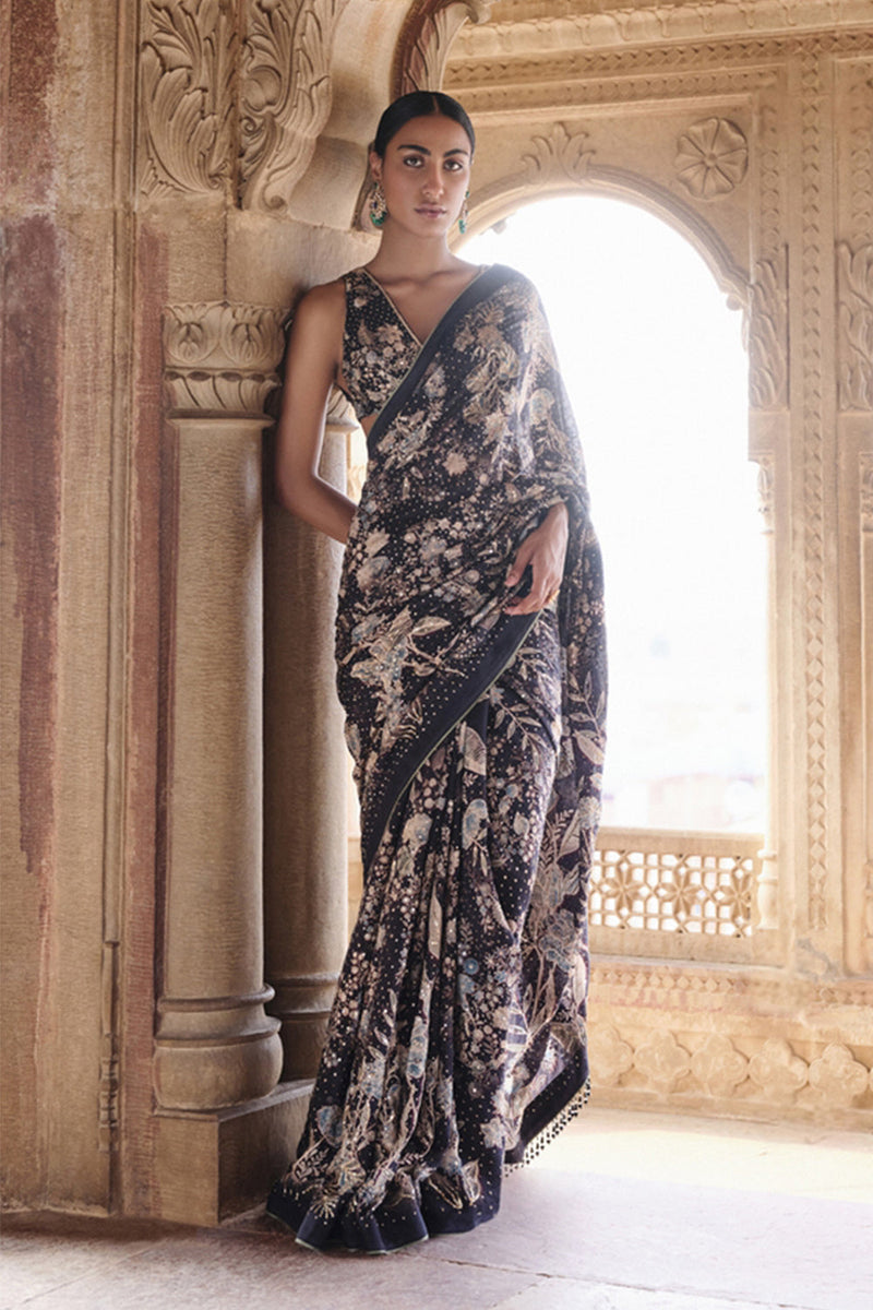 Izar Printed Sequin Saree - Black