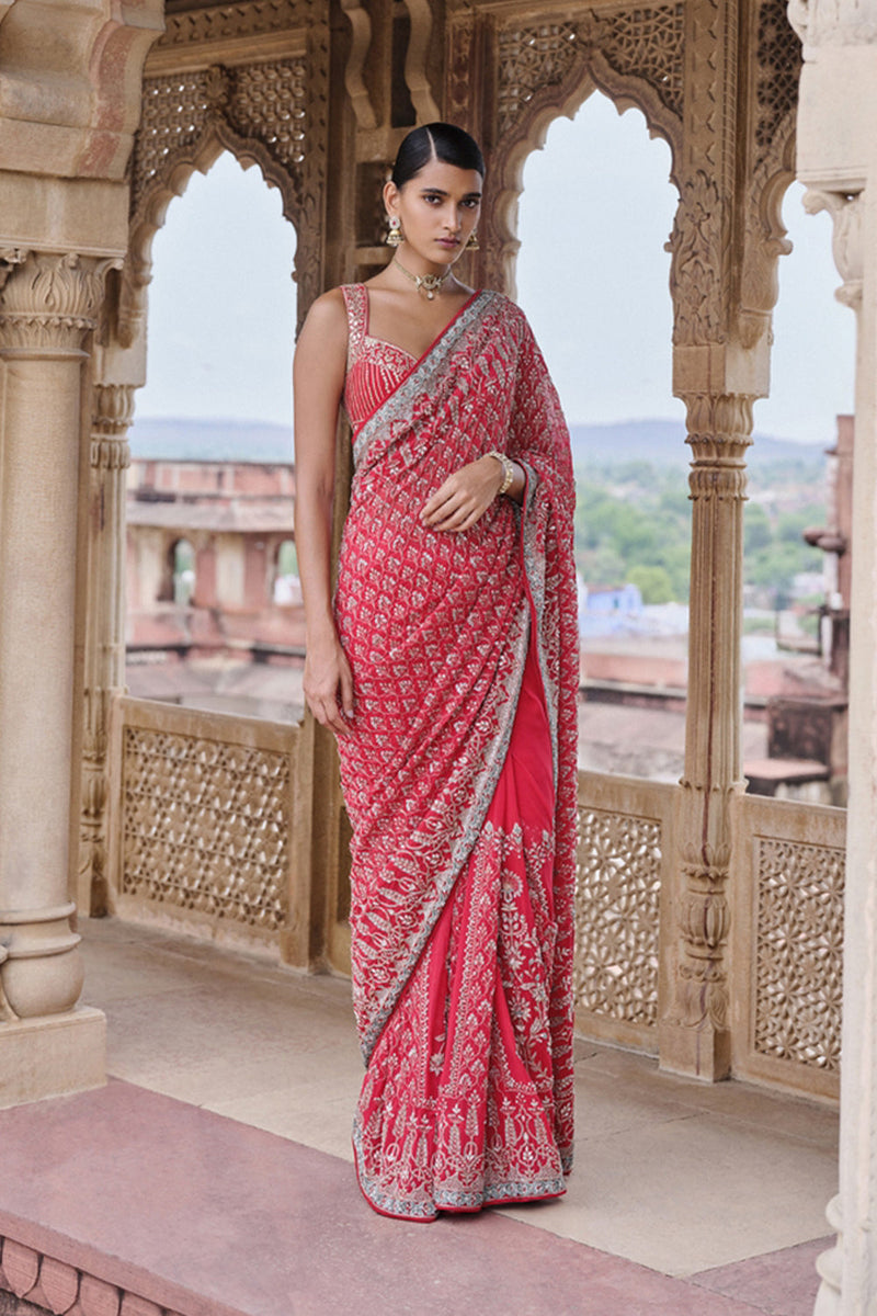 Mangalya Embroidered Georgette Saree - Red