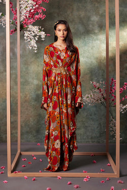 Orange Printed Kaftan With Embroidery