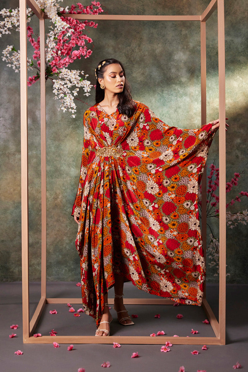 Orange Printed Kaftan With Embroidery