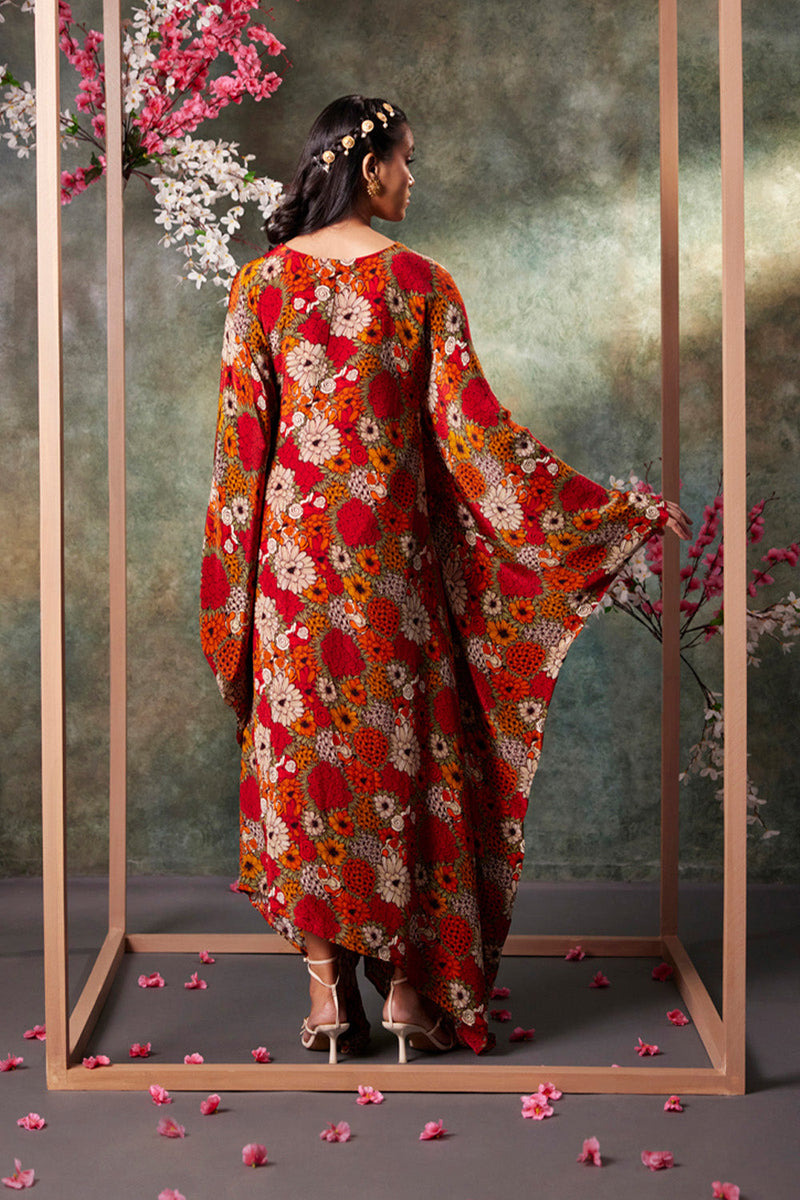 Orange Printed Kaftan With Embroidery