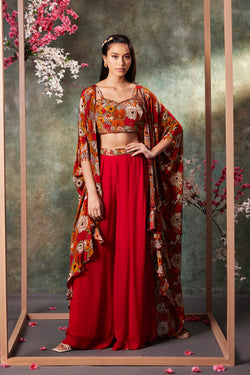 Orange Printed Choli, Pants And Jacket Set With Embroidery