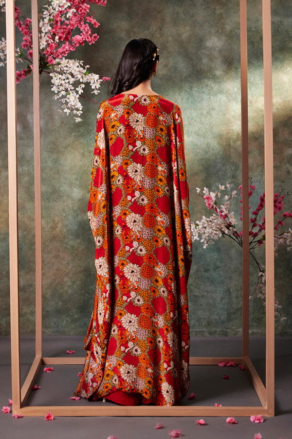 Orange Printed Choli, Pants And Jacket Set With Embroidery