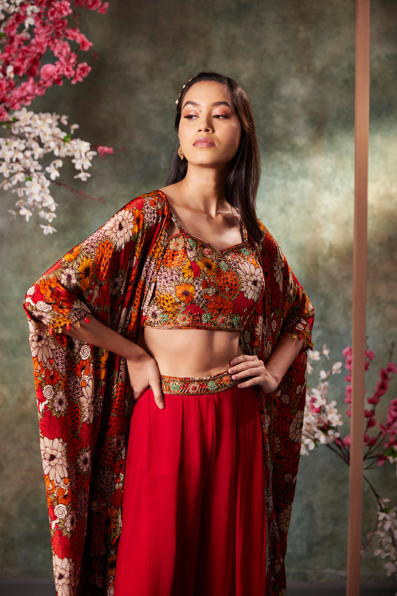 Orange Printed Choli, Pants And Jacket Set With Embroidery