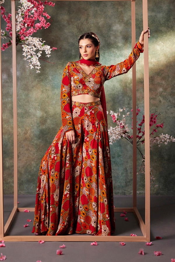 Orange Printed Choli, Pants And Dupatta Set With Embroidery