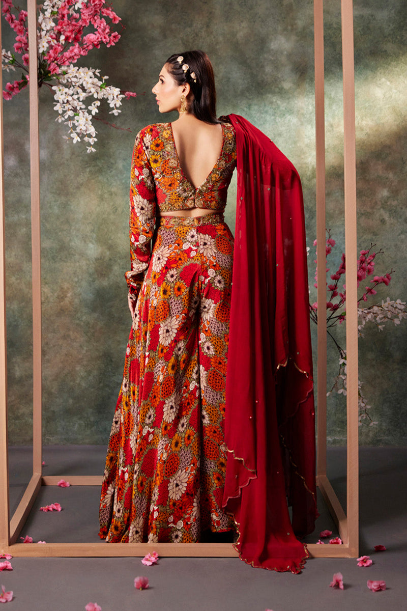 Orange Printed Choli, Pants And Dupatta Set With Embroidery