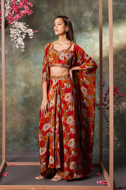 Orange Printed Choli, Skirt And Jacket Set With Embroidery