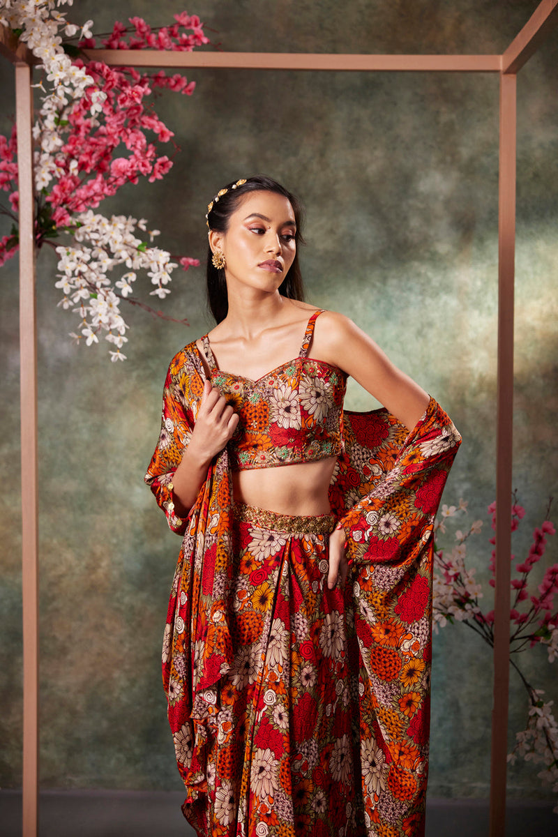 Orange Printed Choli, Skirt And Jacket Set With Embroidery