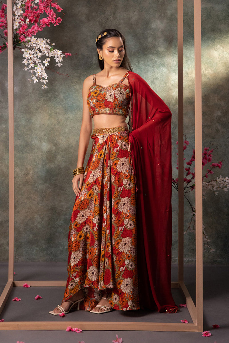 Orange Printed Choli, Skirt And Dupatta Set With Embroidery