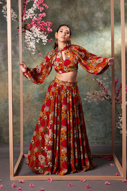 Orange Printed Balloon Sleeves Top And Lehenga Set With Embroidery