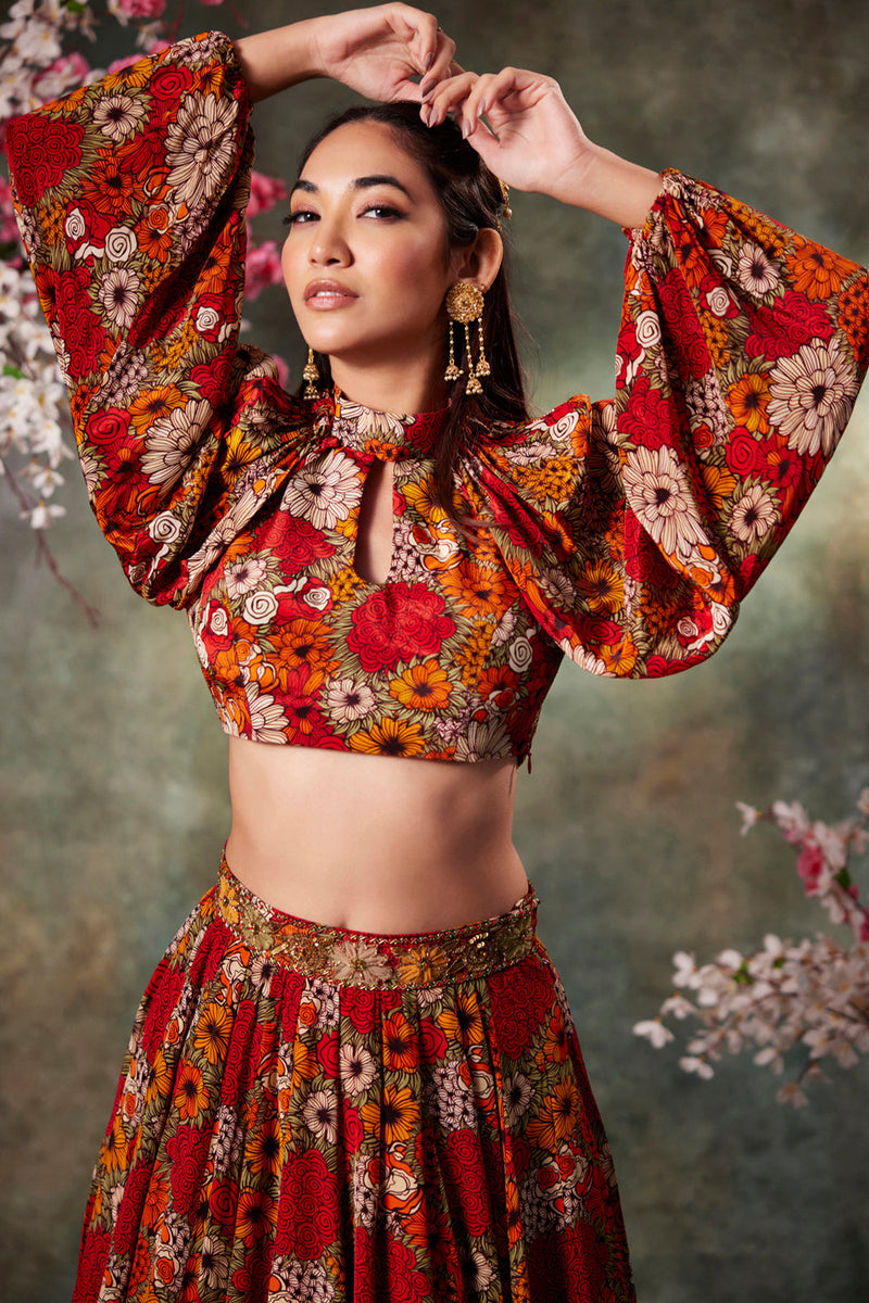 Orange Printed Balloon Sleeves Top And Lehenga Set With Embroidery