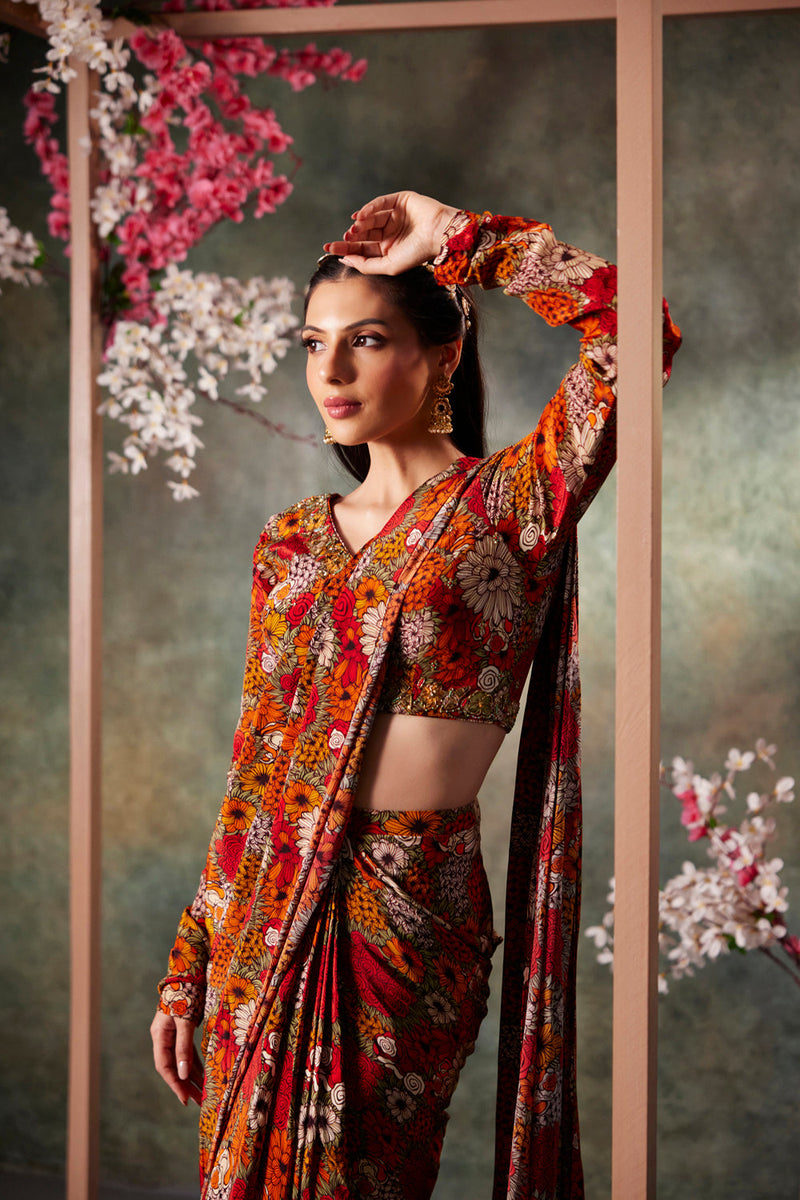 Orange Printed Choli And Pre Draped Saree Set With Embroidery