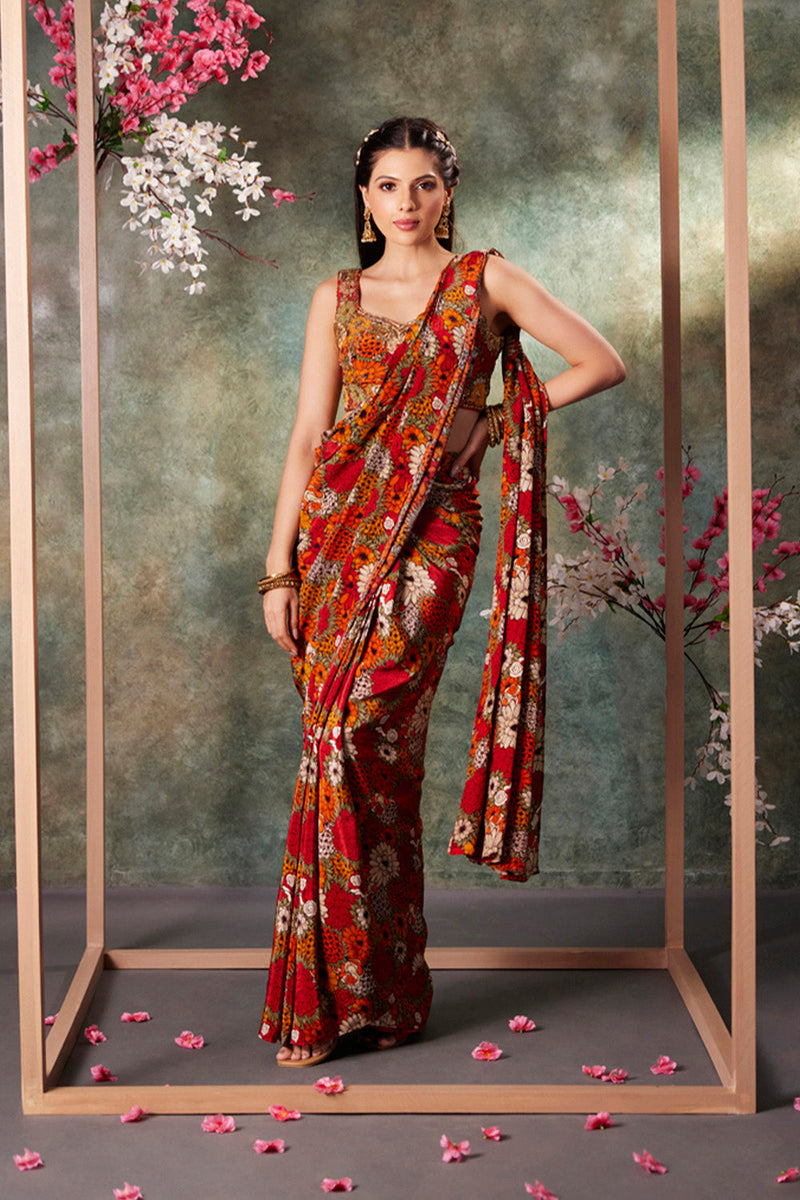 Orange Printed Choli And Pre Draped Saree Set With Embroidery