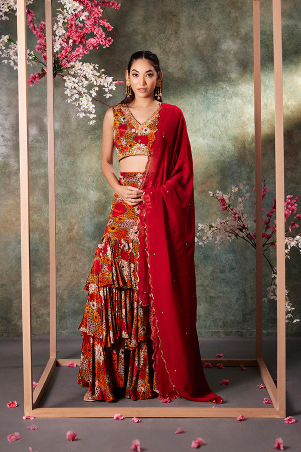 Orange Printed Choli, Ruffle Skirt And Dupatta Set With Embroidery