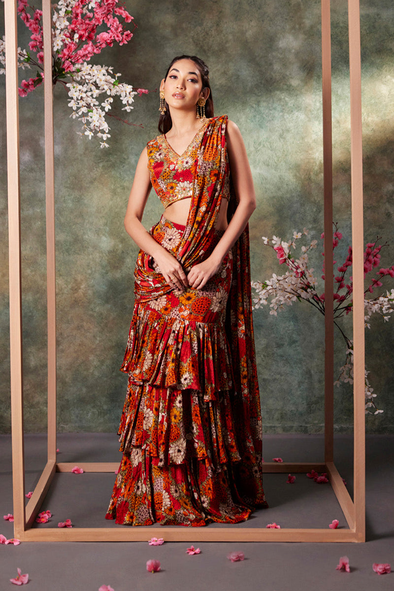 Orange Printed Choli And Pre Draped Ruffle Saree Set With Embroidery