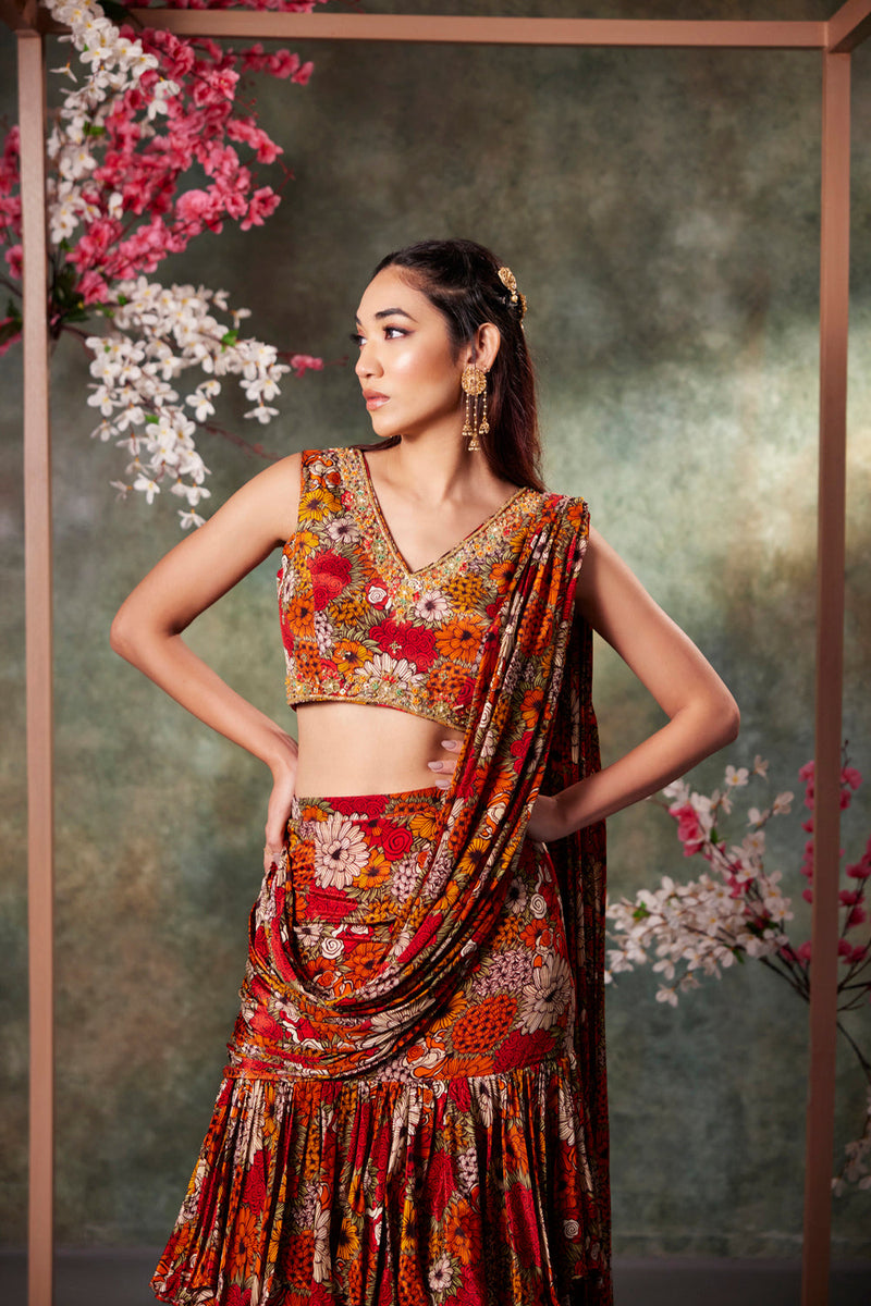 Orange Printed Choli And Pre Draped Ruffle Saree Set With Embroidery