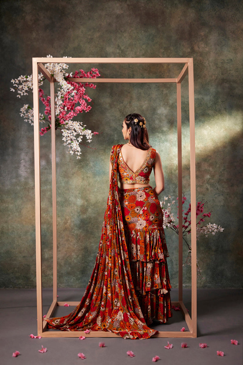 Orange Printed Choli And Pre Draped Ruffle Saree Set With Embroidery