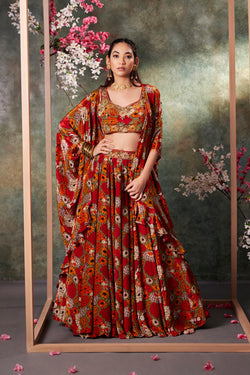 Orange Printed Choli, Lehena And Jacket Set With Embroidery