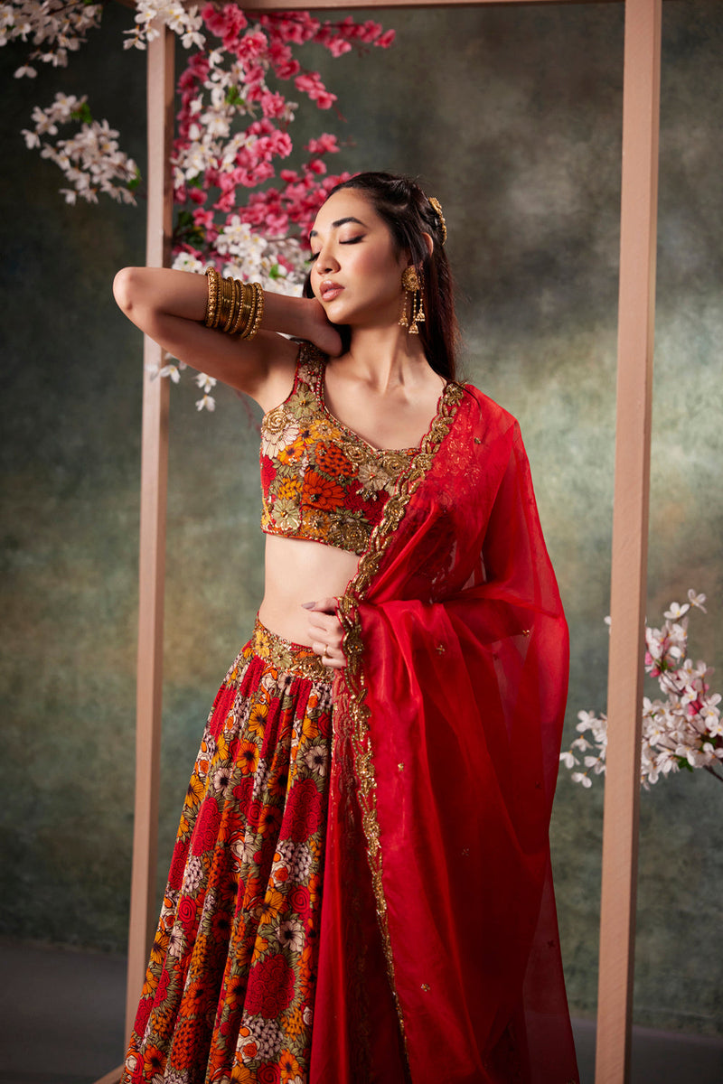 Orange Printed Choli, Lehenga And Dupatta Set With Embroidery