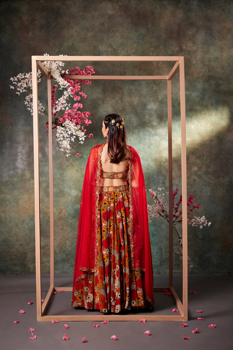 Orange Printed Choli, Lehenga And Dupatta Set With Embroidery