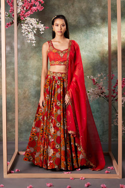 Orange Printed Choli, Lehenga And Dupatta Set With Embroidery