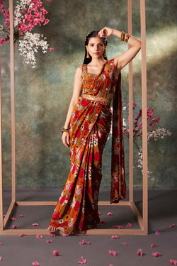 Orange Printed Choli And Pre Draped Saree Set With Embroidery