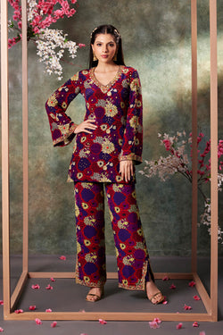 Purple Printed Kurta And Pants Set With Embroidery