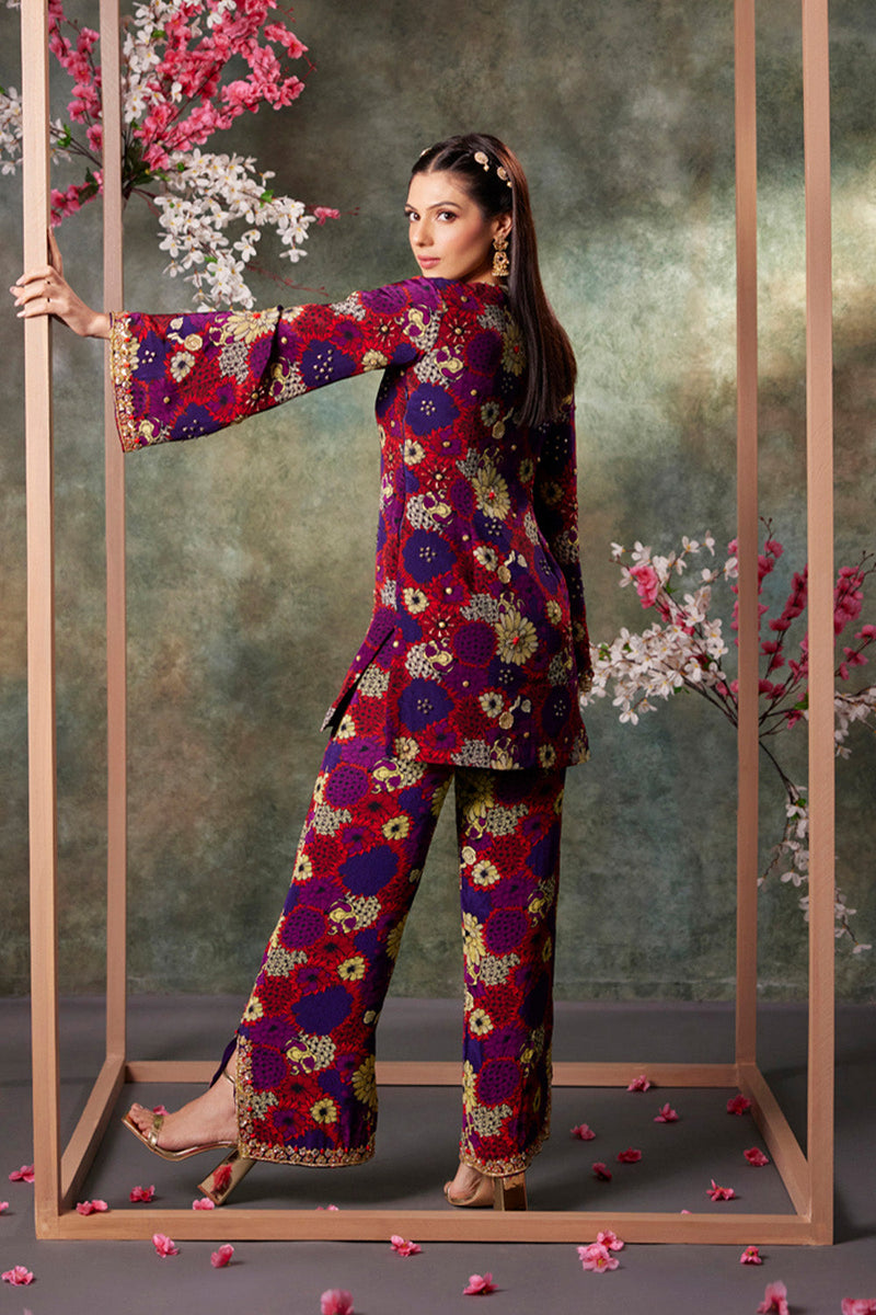 Purple Printed Kurta And Pants Set With Embroidery