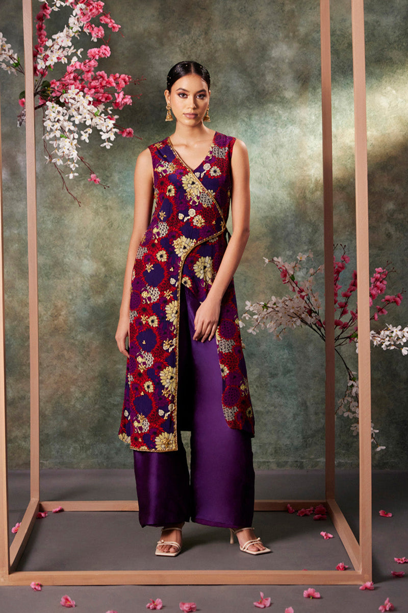 Purple Printed Overlap Kurta And Pants Set With Embroidery