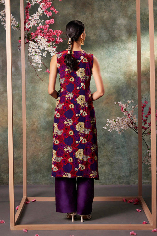 Purple Printed Overlap Kurta And Pants Set With Embroidery