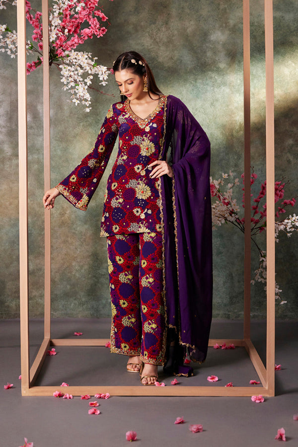 Purple Printed Kurta, Pants And Dupatta Set With Embroidery