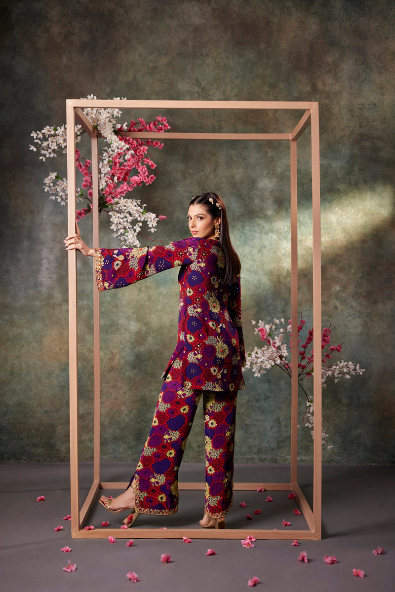 Purple Printed Kurta, Pants And Dupatta Set With Embroidery