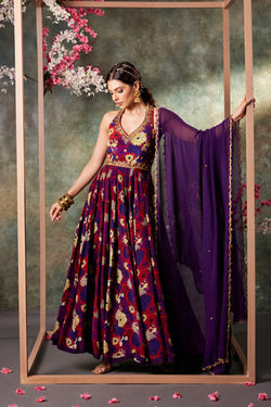 Purple Printed Anarkali And Dupatta Set With Embroidery