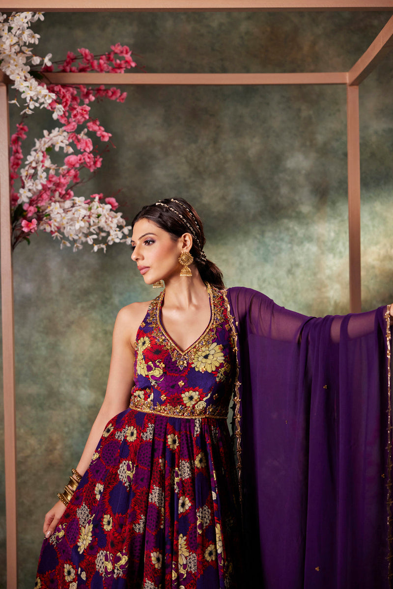 Purple Printed Anarkali And Dupatta Set With Embroidery