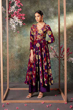 Purple Printed Anarkali And Pants Set With Embroidery