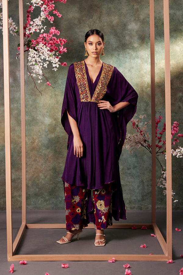 Purple Kaftan Kurta And Printed Pants Set With Embroidery