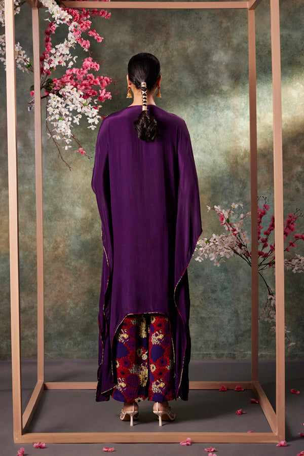 Purple Kaftan Kurta And Printed Pants Set With Embroidery