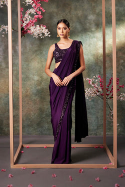 Purple Pre Draped Saree Set