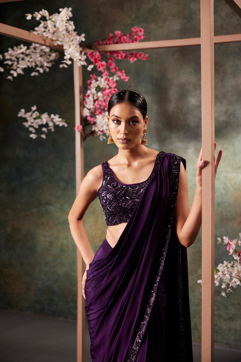 Purple Pre Draped Saree Set