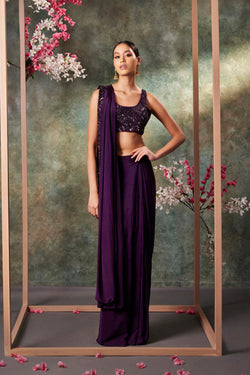 Purple Pre Draped Saree Set