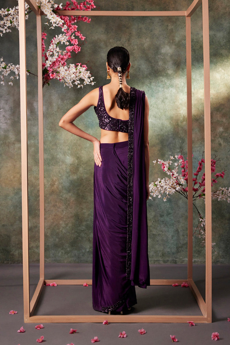 Purple Pre Draped Saree Set