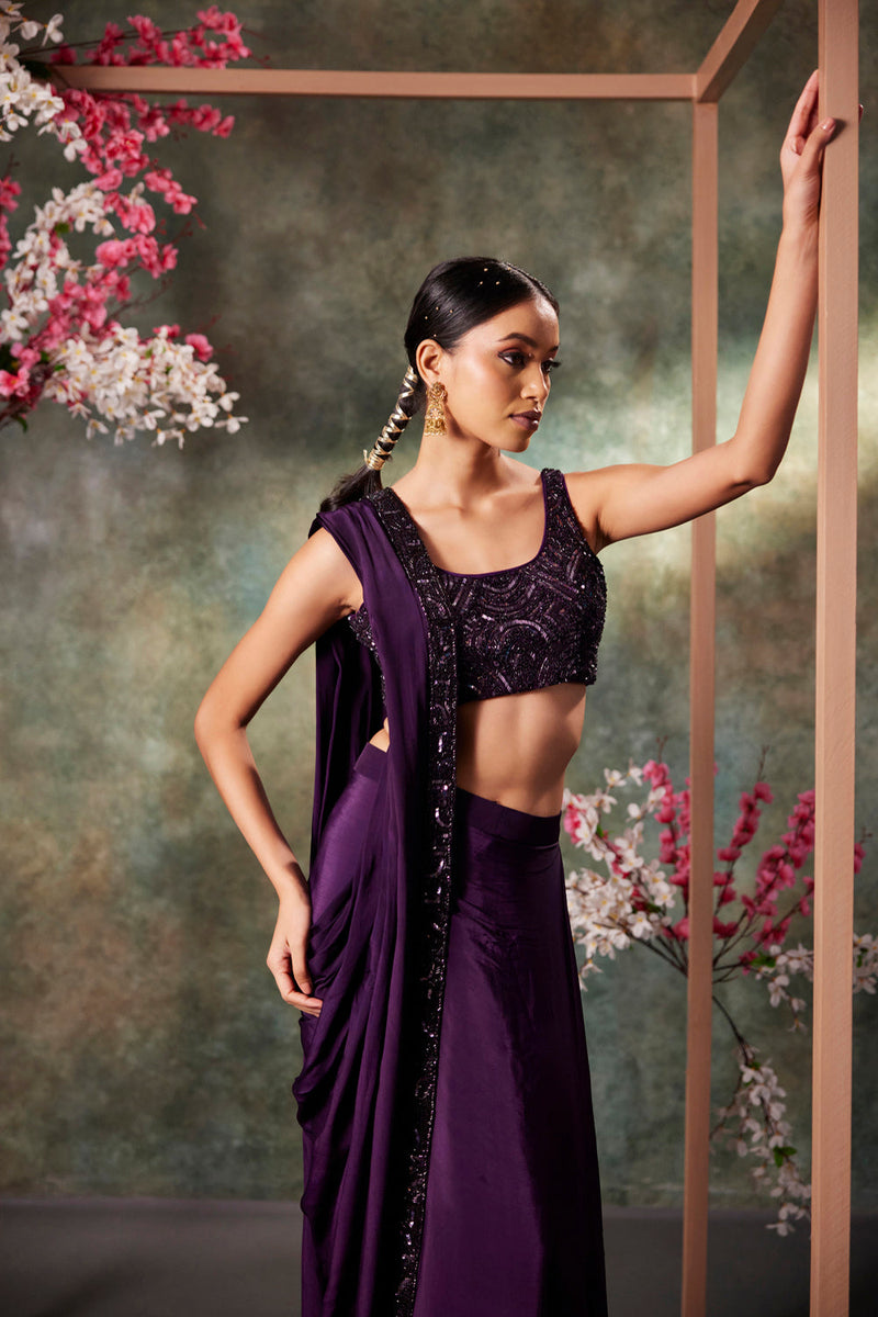 Purple Pre Draped Saree Set